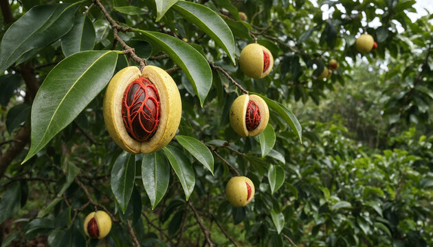 Ripe nutmeg fruit hanging on a tree branch with one fruit split open to reveal the red mace covering the dark brown seed inside the shell