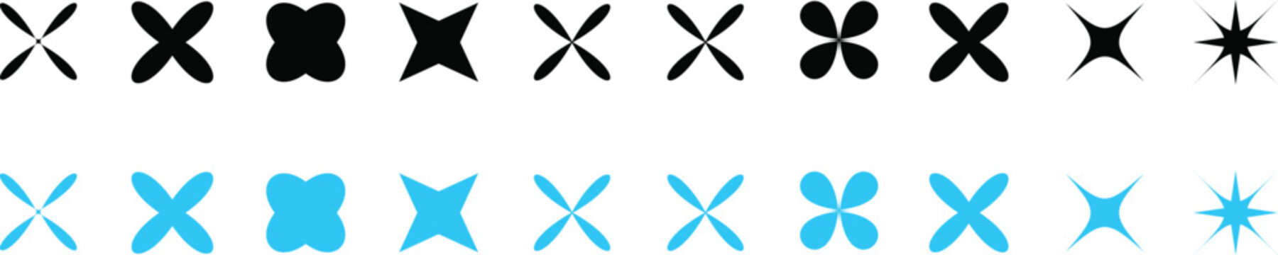 Set of various black and blue sparkle and star shape icons for design projects