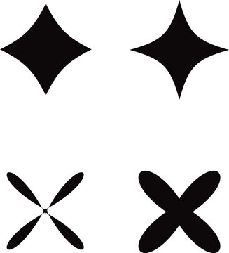 Set of four black sparkle and star shapes isolated on a clean white background