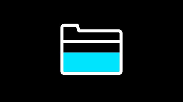 File Upload Progress Animation with Cyan Tiles Dropping into White Outline Folder That Fills in Three Stages, Textless Flat UI on Black Background for 4K Luma Key Compositing