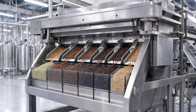 Industrial coffee bean sorting machine with stainless steel compartments separating different types of roasted coffee beans in a factory