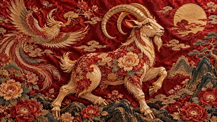 Obraz premium Chinese New Year 2027 Year of the Goat horizontal banner, embroidered goat with phoenix, peony flower, mountain landscape and golden sun. Festive background template with copy space for greeting text 