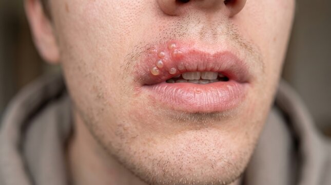 Cluster of active herpes simplex virus vesicles and cold sores on male upper lip