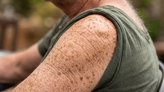 Senior man shoulder covered with solar lentigines sun spots and freckles close up