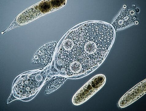 Microscopic view of amoeba and other protists in water. Tiny life forms show complex structures, intracellular details under magnification. Science research reveals unseen world.