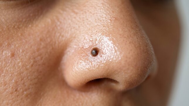 Extreme macro view of dark raised nevus mole on human nose bridge skin texture