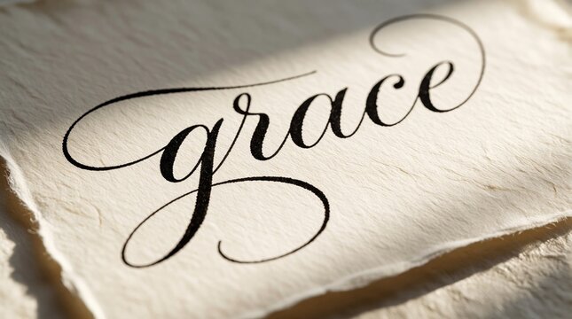 Elegant word grace scripted in black ink on textured cream paper. Beautiful cursive lettering with flourish details. Artistic handwriting on rough edge stationery adds classic charm and visual appeal.