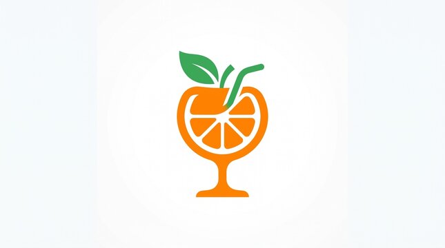 Fresh orange juice cocktail logo with leaf and straw