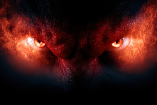 Menacing devil creature with burning eyes in fire