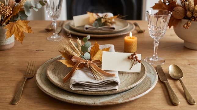 Elegant rustic place setting on a wooden table featuring a fall themed napkin ring and blank name card fall theme fine dining wood table dried leaves table decor thanksgiving dinnerware