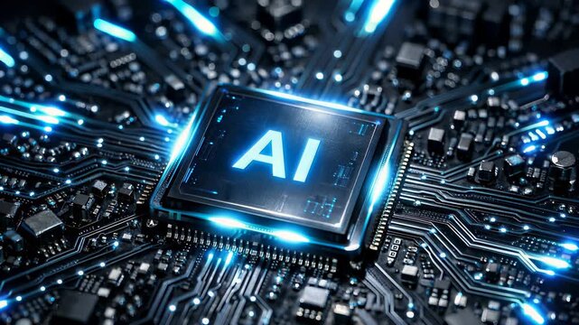 Futuristic artificial intelligence processor glowing on a high-tech circuit board. Concept of advanced computing power, machine learning, neural networks. Generative AI.