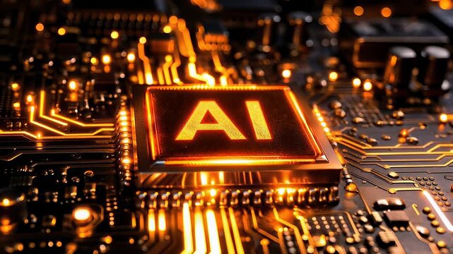 Futuristic artificial intelligence processor glowing on a high-tech circuit board. Concept of advanced computing power, machine learning, neural networks. Generative AI.