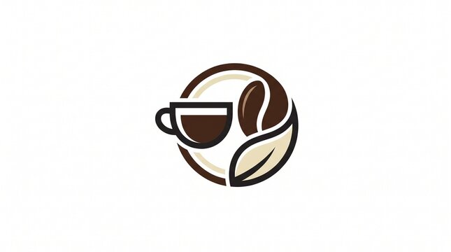 Minimalist circular coffee cup logo with bean and leaf, suitable for cafe branding, packaging, and menu design.