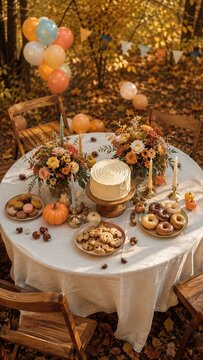 Festive table with cake, cookies, donuts and flowers decorated with balloons in autumn forest. Outdoor children birthday party in fall with pumpkins and candles. Cozy celebration in golden foliage.
