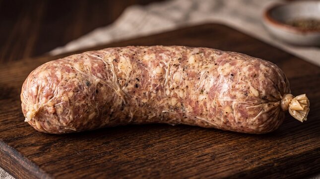 Raw sausage with marbled meat pattern on wooden board
