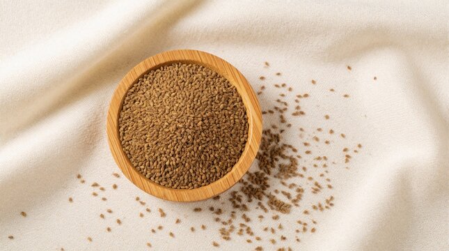 Organic ajwain seeds in wooden bowl on white cloth background. Carom seeds scattered on textile surface. Natural spice ingredient for cooking, seasoning, herbal medicine. Healthy aroma seeds for