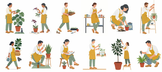 Naklejka premium Flat Illustration Set of Diverse Gardeners and Plant Care Enthusiasts Tending to Various Indoor Houseplants in Yellow Aprons