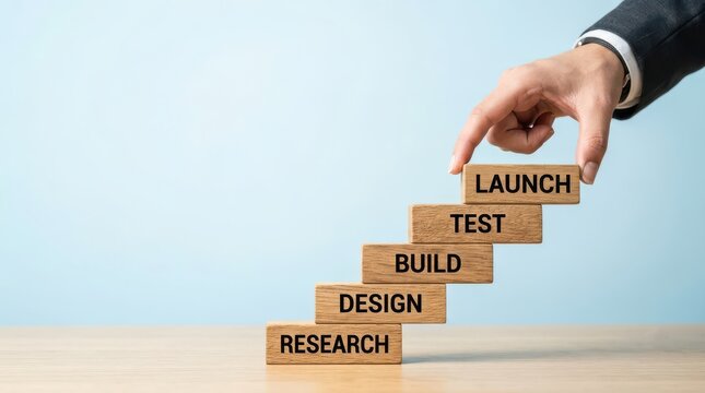 Project development process stages: research, design, build, test, and launch strategy for business success.