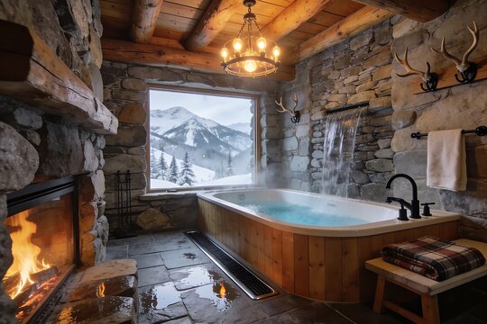 A mountain chalet bathroom features a cedar soaking tub stone waterfall wall and fireplace glow creating a cozy winter cabin atmosphere