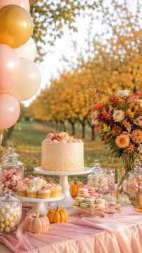 Dessert table with cake, cupcakes and macarons decorated with pastel balloons and autumn flowers in fall garden. Children birthday party in autumn. Outdoor celebration with pumpkins and sweets.