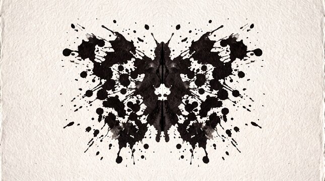 Symmetrical rorschach inkblot test on textured beige paper represents psychological evaluation.
