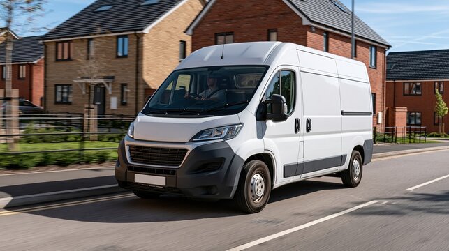White Commercial Cargo Van Driving Down Suburban Street with Modern Houses
