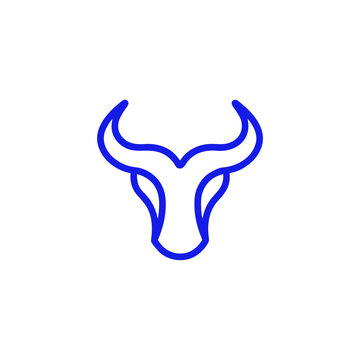 Minimalist bull head logo vector, blue line art buffalo icon, modern taurus zodiac symbol for corporate branding and finance