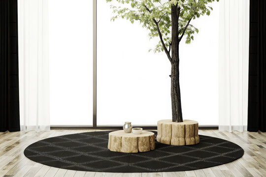 Interior scene with a live tree on a wooden table and a round diamond patterned rug round rug