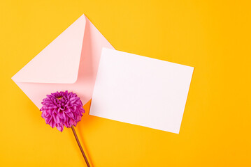 Blank greeting card mockup with pink envelope and purple dahlias flowers © vimart