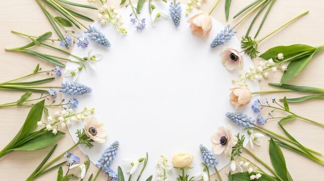 Delicate spring floral arrangement framing a blank white space, perfect for text or design elements