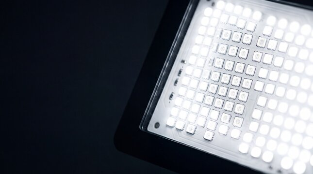 High intensity led panel array glows with bright white light for modern studio photography lighting.