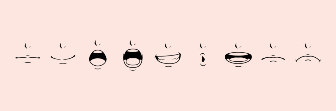 Anime cartoon mouth expressions set with talking smiling open and sad lips