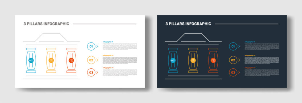 3 pillars infographic template with three trapezoid slot chevron diagram, white and dark version, flat style