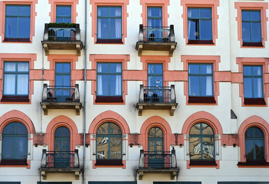 Krakow Old Town Art Nouveau Residential Building Facade with Windows and Balconies Poland