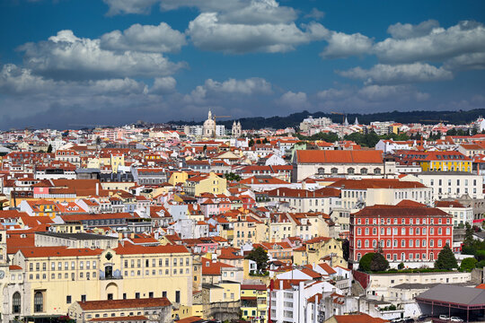 Lisbon Cityscape Aerial View with Traditional Orange Tiled Roofs and Estrela Basilica Portugal