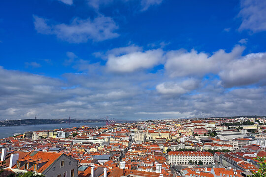 Lisbon Panoramic Cityscape with Tagus River and 25 de Abril Bridge from Castelo de Sao Jorge Portugal