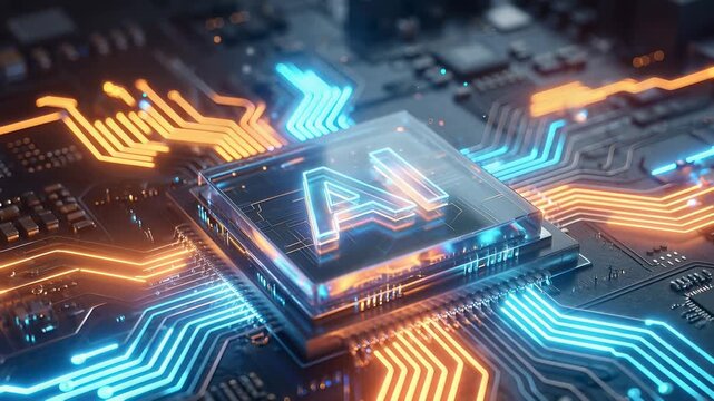 Futuristic artificial intelligence processor glowing on a high-tech circuit board. Concept of advanced computing power, machine learning, neural networks. Generative AI.