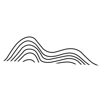 Minimalist abstract black line art mountain hills vector icon isolated on white background, featuring parallel wavy curved lines ideal for landscape logos, tattoo art, and modern badges.