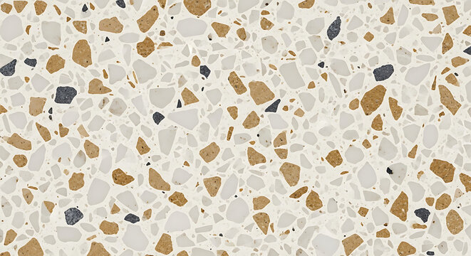 Cream white and tan terrazzo pattern with dark grey chips background texture aggregate