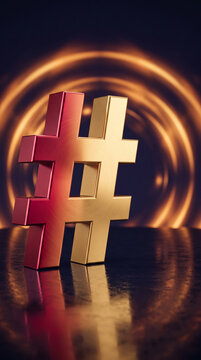 A metallic hashtag symbol, half red and half gold, stands against a dark background with concentric orange light circles, symbolizing digital trends, social media, and communication