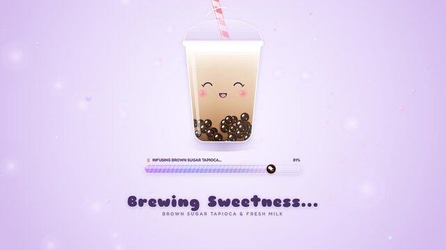 Boba Brewing Sweetness: A cute 3D digital animation featuring a pastel-colored boba milk tea cup with tapioca pearls and floating bubbles against a soft purple background