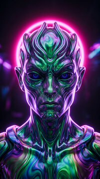 Chrome-like alien face with intense blue eyes and pink neon halo, representing science fiction, futuristic technology, and unknown extraterrestrial life