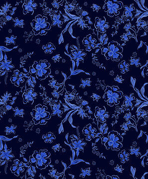 Black background with hand drawing blue colour abstract print seamless floral pattern