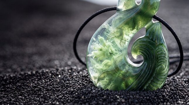 Maori greenstone hei matau fish hook pendant lies on dark sand symbolizing prosperity and strength.