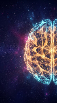 Glowing digital brain made of geometric shapes against a cosmic nebula, symbolizing intelligence, creativity, and artificial thought in space