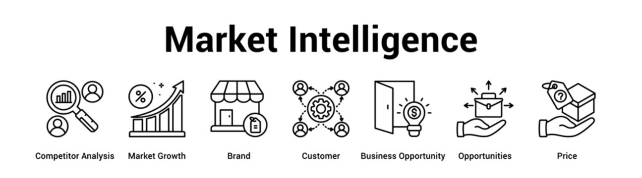 Market Intelligence web banner icon vector illustration concept for business with icon of Competitor Analysis, Market Growth, Brand, Customer, Business Opportunity.