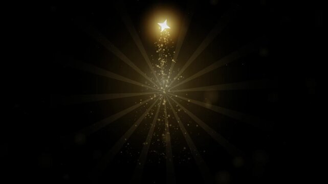 Abstract glowing gold particle Christmas tree with burst light beams and sparkling star topper