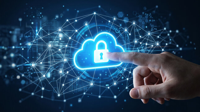 Digital cloud with padlock icon, interconnected network of nodes and locks, symbolizing data security and cloud computing concept, technology showcase