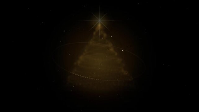 Abstract glowing gold particle Christmas tree with orbiting ring and sparkling star on dark background
