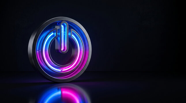 Neon power button symbol with metallic rim, emitting pink and blue light on a dark surface, representing initiation, technology, and activation